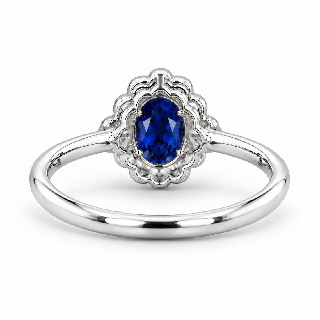 The Marielle — Petite Sapphire Halo Ring in platinum, back view
