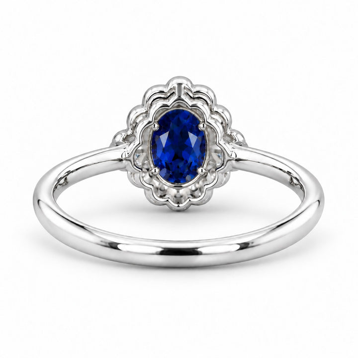 The Marielle — Petite Sapphire Halo Ring in platinum, back view