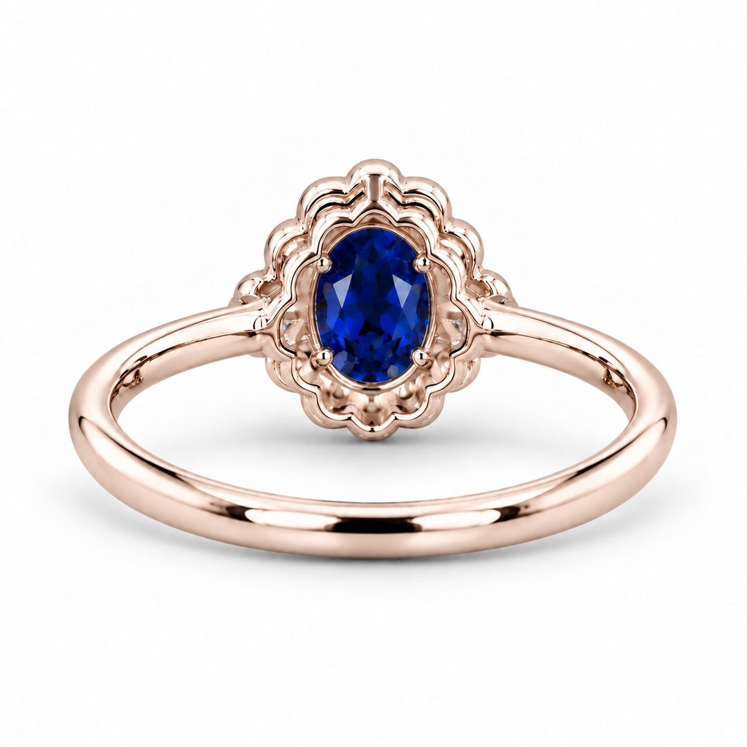 The Marielle — Petite Sapphire Halo Ring in 14K rose gold, back view