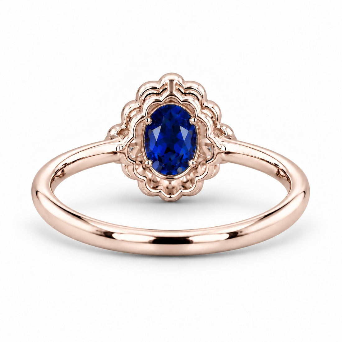 The Marielle — Petite Sapphire Halo Ring in 14K rose gold, back view