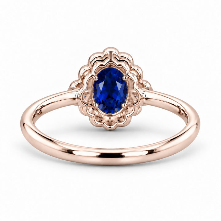 The Marielle — Petite Sapphire Halo Ring in 14K rose gold, back view