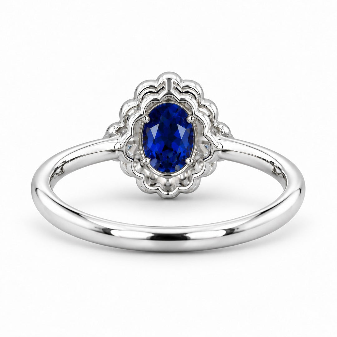 The Marielle — Petite Sapphire Halo Ring in 14K white gold, back view