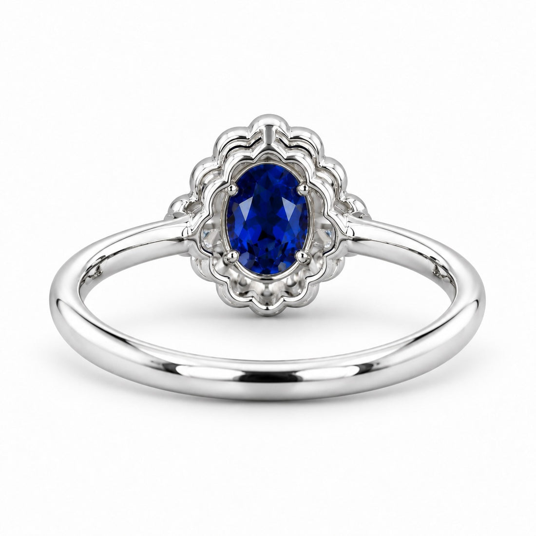 The Marielle — Petite Sapphire Halo Ring in 14K white gold, back view