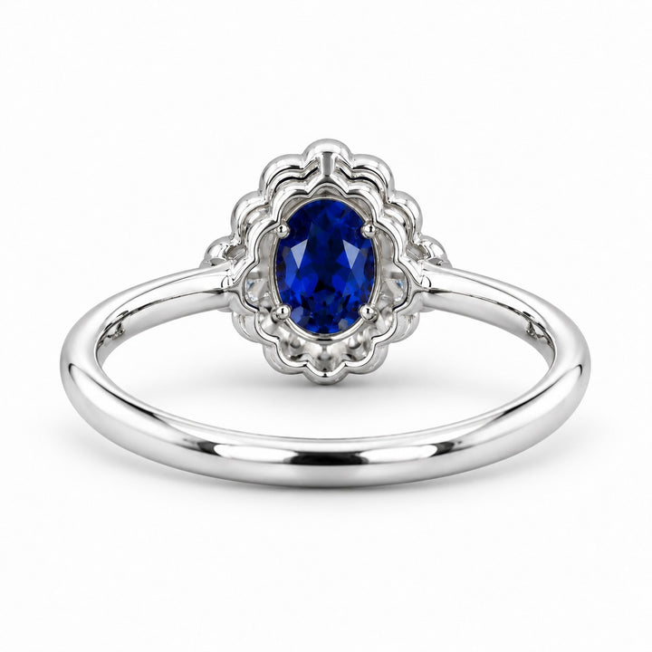 The Marielle — Petite Sapphire Halo Ring in 14K white gold, back view