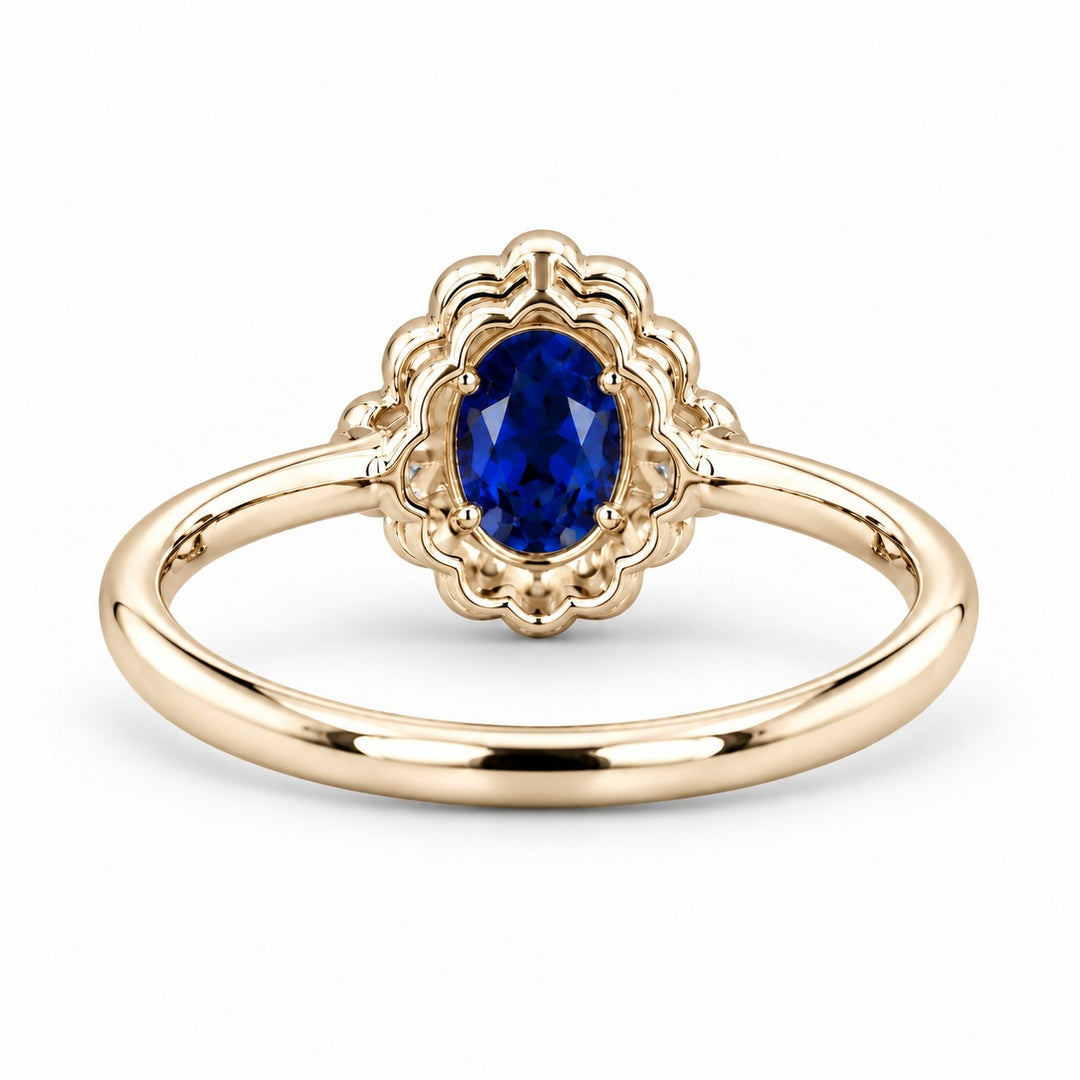 The Marielle — Petite Sapphire Halo Ring in 14K yellow gold, back view