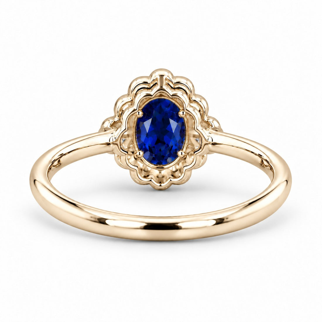 The Marielle — Petite Sapphire Halo Ring in 14K yellow gold, back view