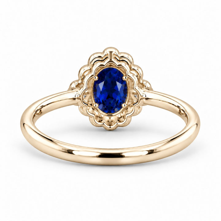 The Marielle — Petite Sapphire Halo Ring in 14K yellow gold, back view