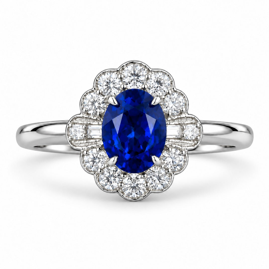 The Marielle — Petite Sapphire Halo Ring in platinum, front view