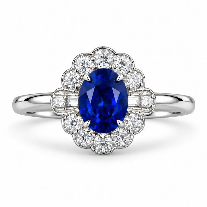 The Marielle — Petite Sapphire Halo Ring in platinum, front view