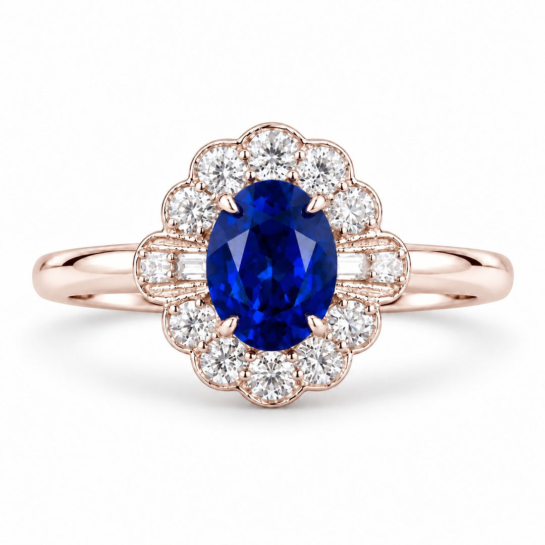 The Marielle — Petite Sapphire Halo Ring in 14K rose gold, front view