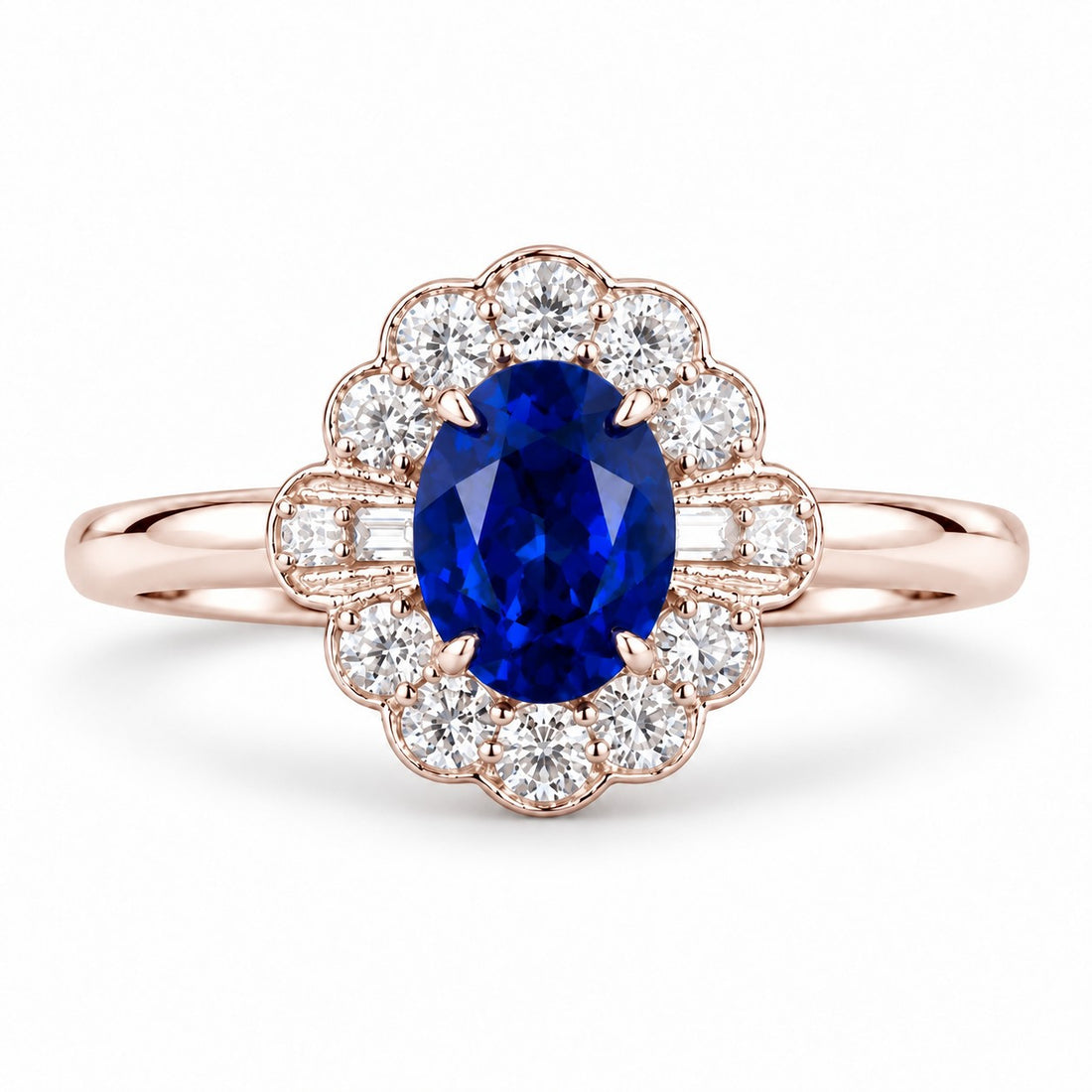 The Marielle — Petite Sapphire Halo Ring in 14K rose gold, front view