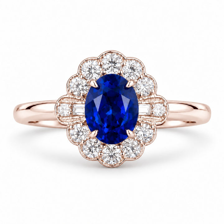 The Marielle — Petite Sapphire Halo Ring in 14K rose gold, front view