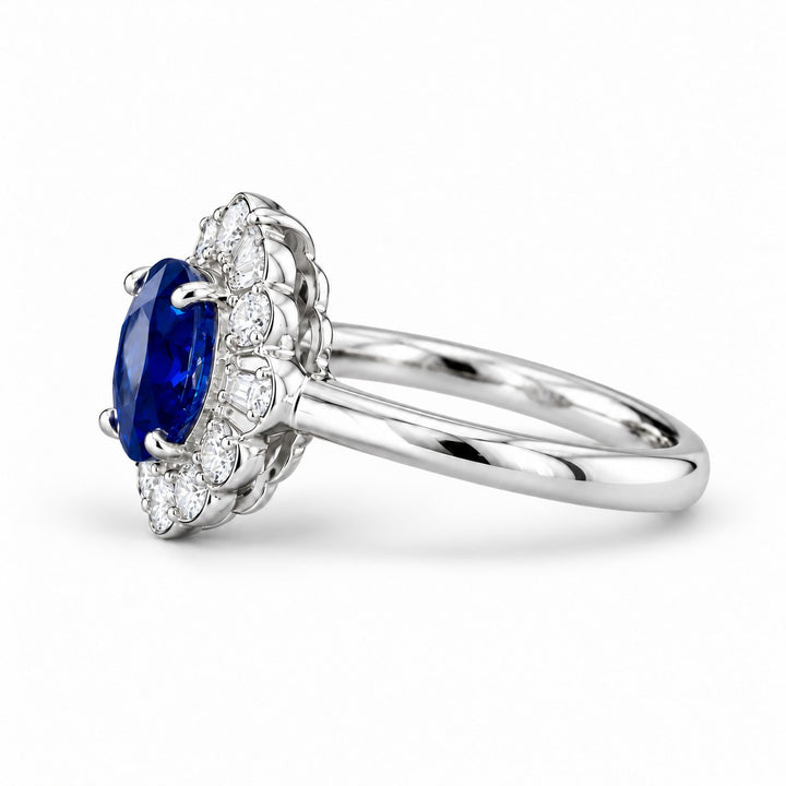 The Marielle — Petite Sapphire Halo Ring in platinum, side view
