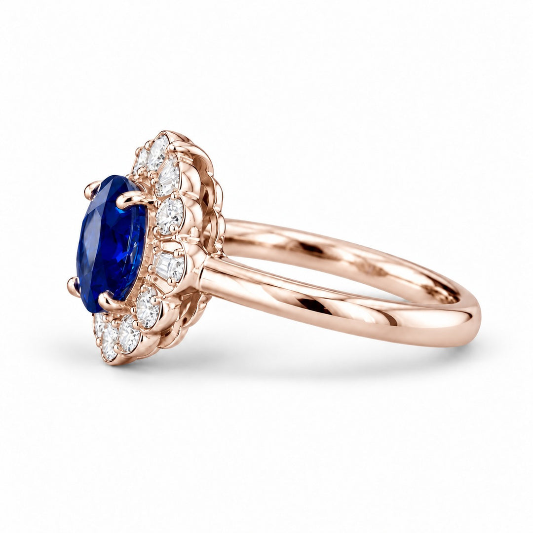 The Marielle — Petite Sapphire Halo Ring in 14K rose gold, side view