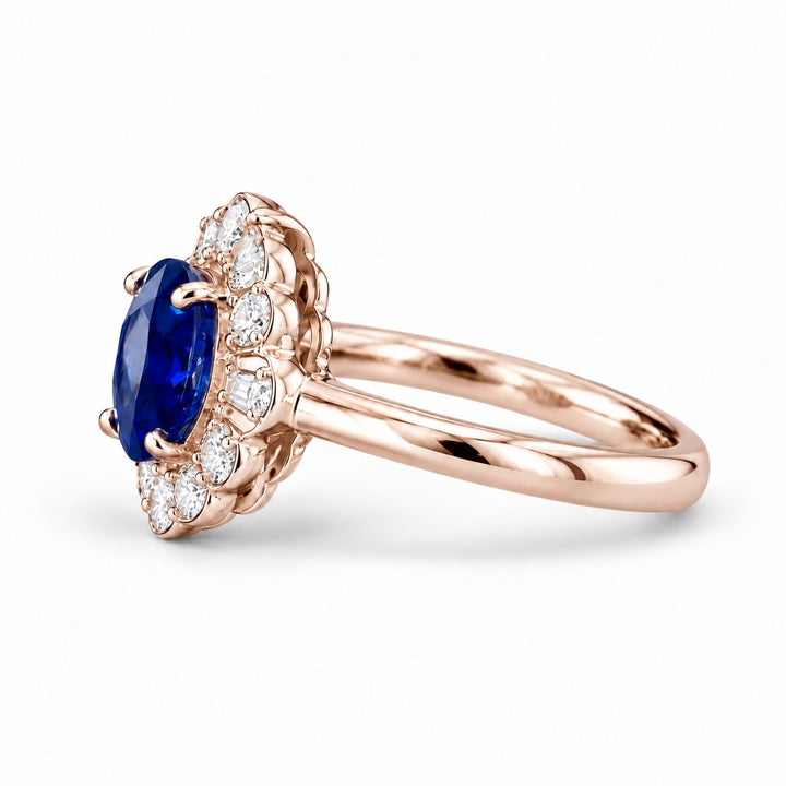 The Marielle — Petite Sapphire Halo Ring in 14K rose gold, side view