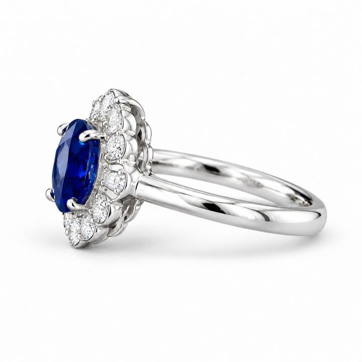 The Marielle — Petite Sapphire Halo Ring in 14K white gold, side view