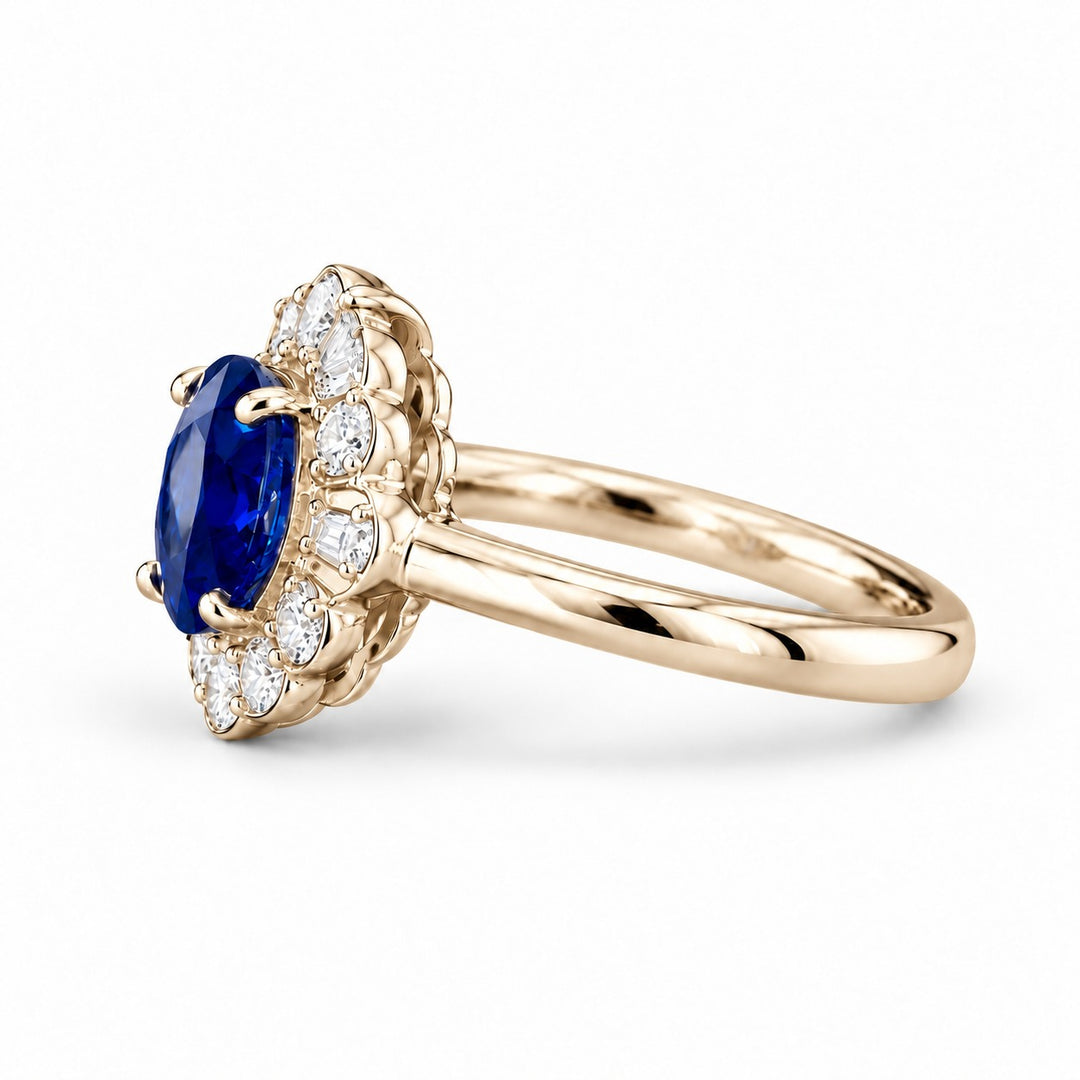 The Marielle — Petite Sapphire Halo Ring in 14K yellow gold, side view