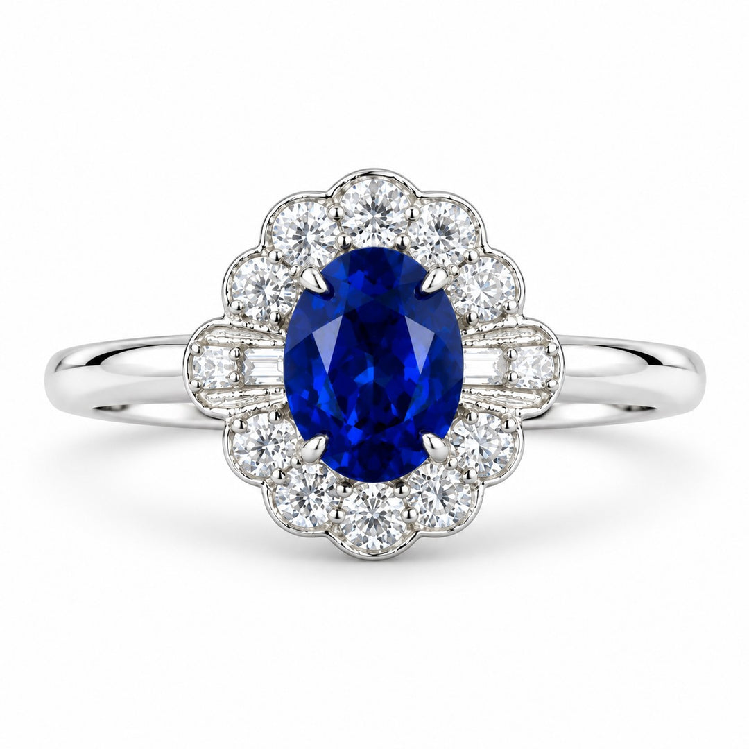 The Marielle — Petite Sapphire Halo Ring in 14K white gold, front view