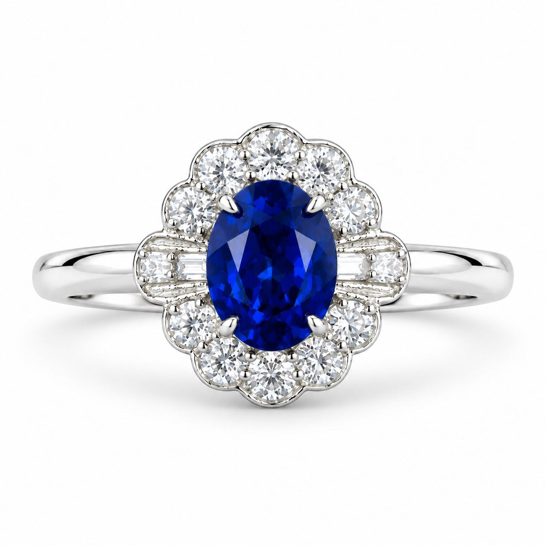 The Marielle — Petite Sapphire Halo Ring in 14K white gold, front view
