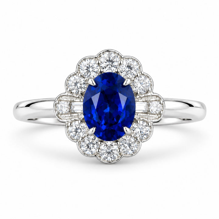 The Marielle — Petite Sapphire Halo Ring in 14K white gold, front view