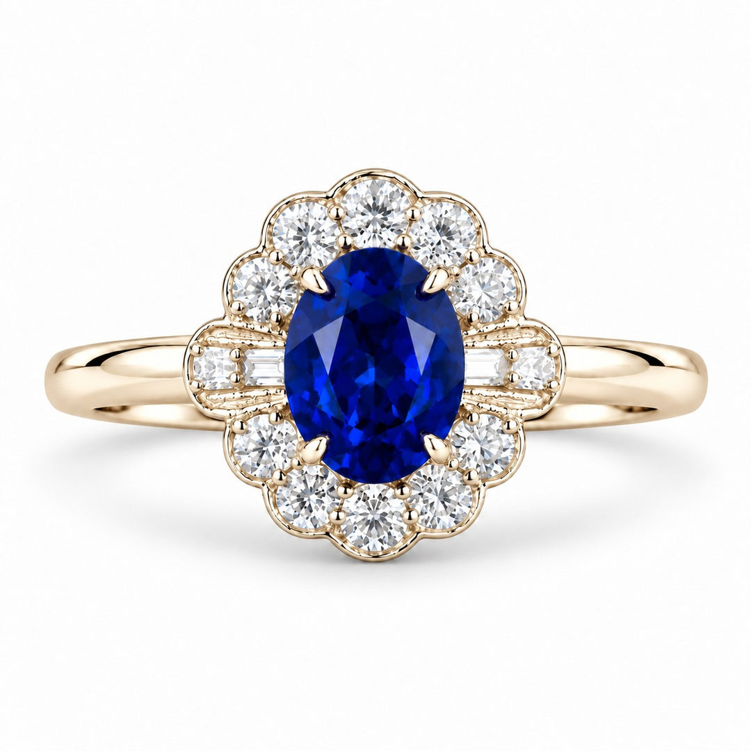 The Marielle — Petite Sapphire Halo Ring in 14K yellow gold, front view
