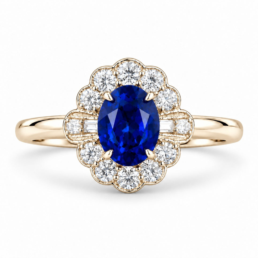 The Marielle — Petite Sapphire Halo Ring in 14K yellow gold, front view