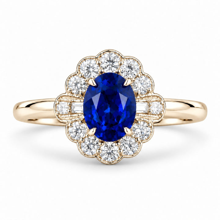 The Marielle — Petite Sapphire Halo Ring in 14K yellow gold, front view