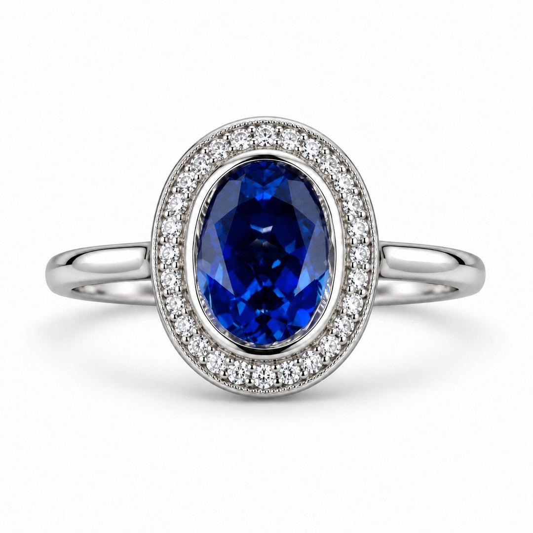 The Celine — Vintage Sapphire Halo Ring in platinum, front view