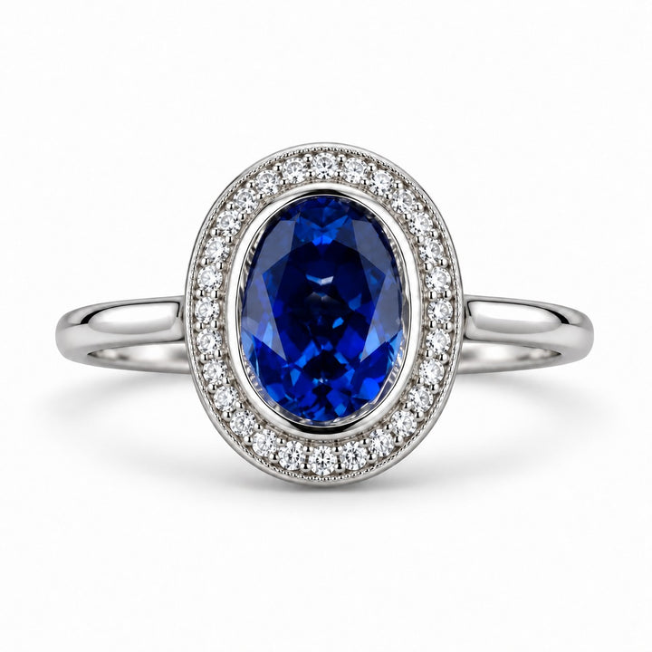 The Celine — Vintage Sapphire Halo Ring in platinum, front view