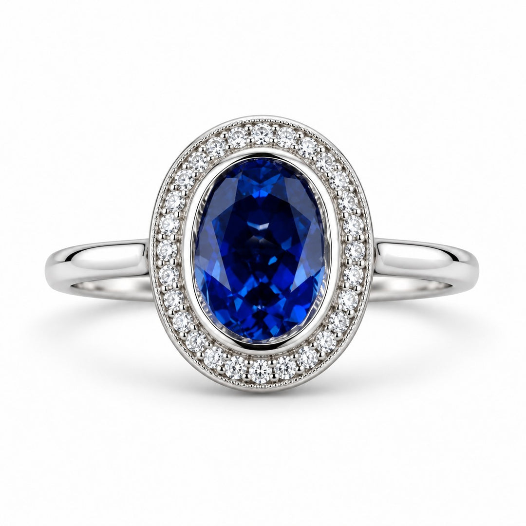The Celine — Vintage Sapphire Halo Ring in 14K white gold, front view