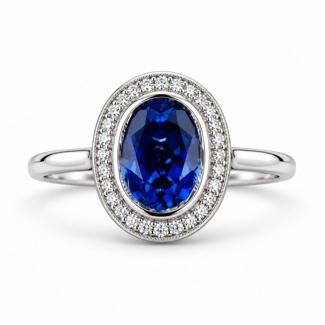 The Celine — Vintage Sapphire Halo Ring in 14K white gold, front view