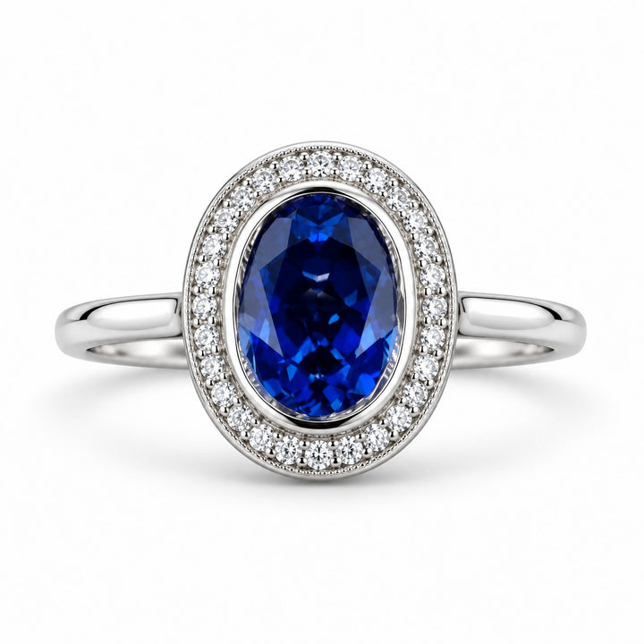 The Celine — Vintage Sapphire Halo Ring in 14K white gold, front view