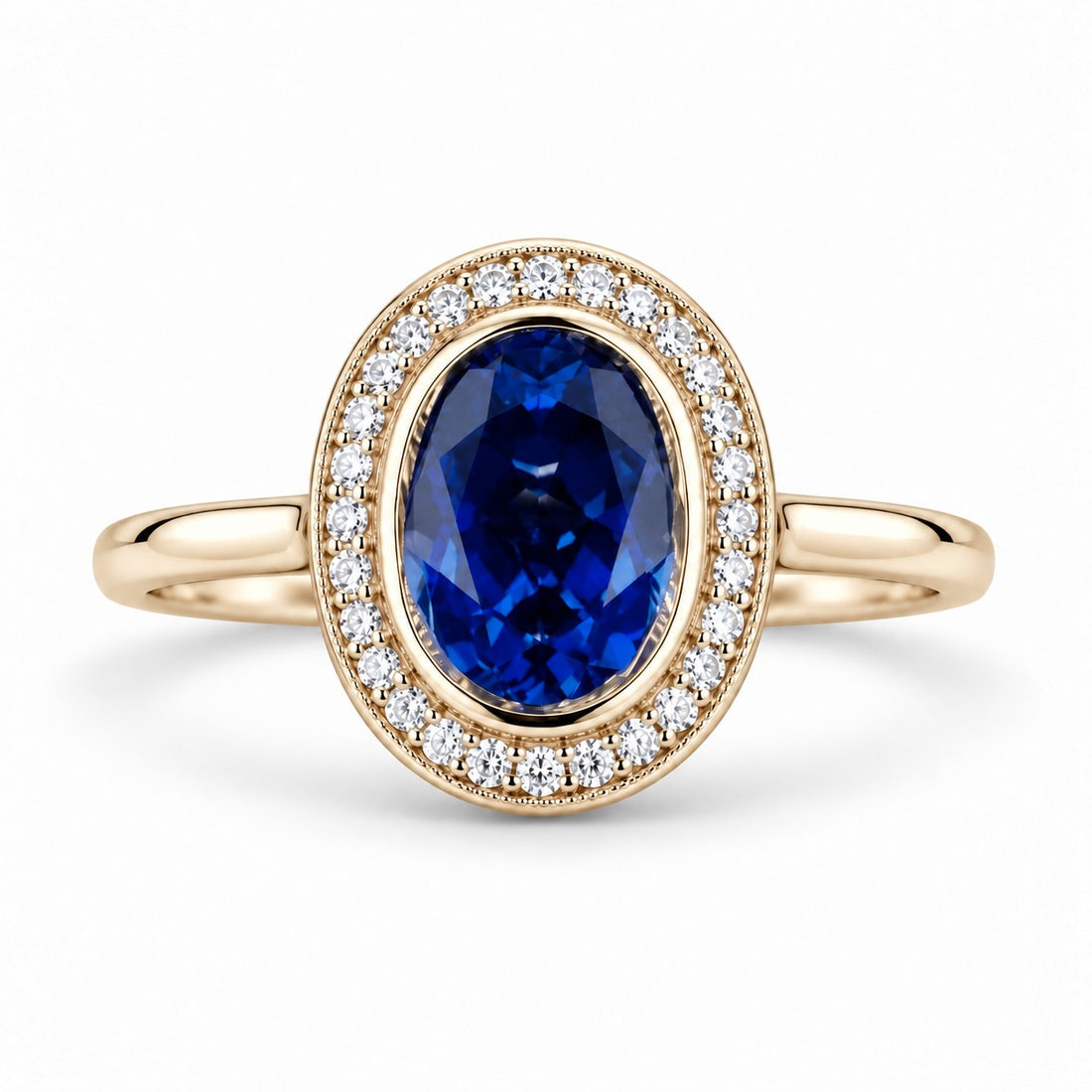 The Celine — Vintage Sapphire Halo Ring in 14K yellow gold, front view