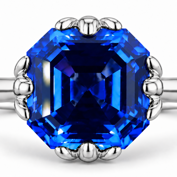 The Verena Asscher blue sapphire ring with leaf prongs in platinum, close-up