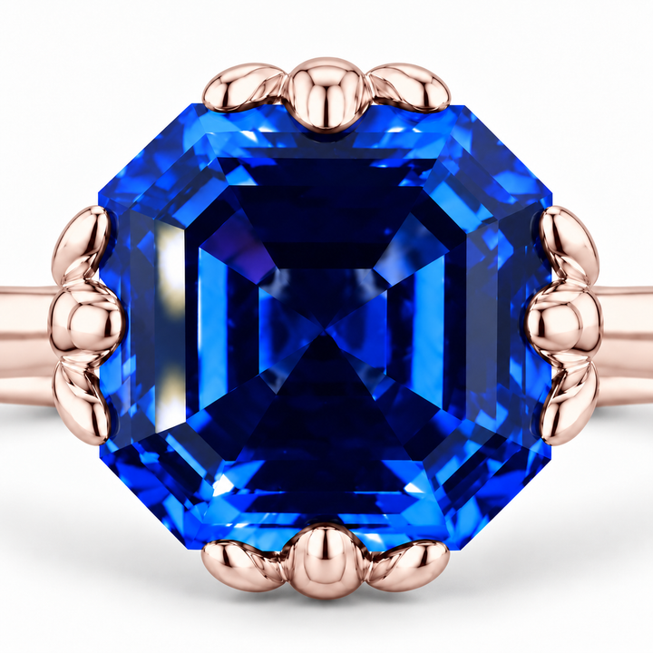 The Verena Asscher blue sapphire ring with leaf prongs in 14K rose gold, close-up