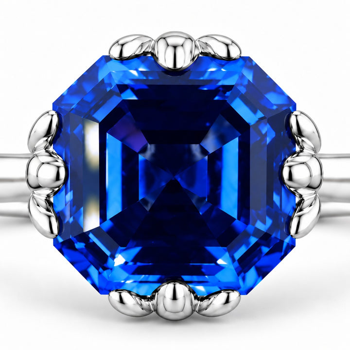 The Verena Asscher blue sapphire ring with leaf prongs in 14K white gold, close-up