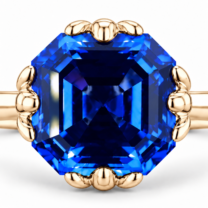The Verena Asscher blue sapphire ring with leaf prongs in 14K yellow gold, close-up