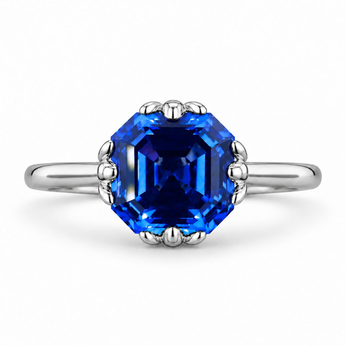 The Verena — Blue Asscher Sapphire with Leaf Prongs Ring in platinum, front view