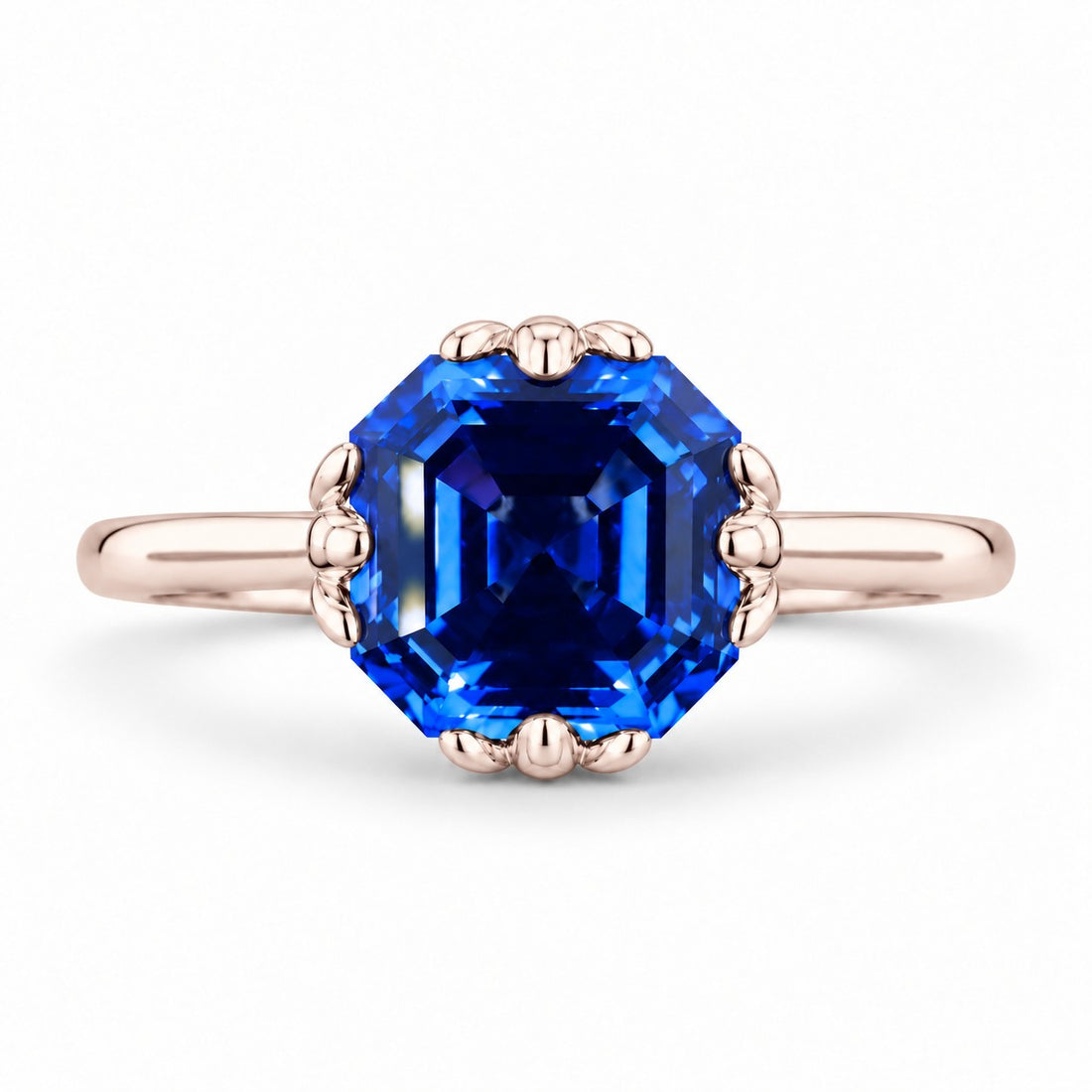 The Verena — Blue Asscher Sapphire with Leaf Prongs Ring in 14K rose gold, front view