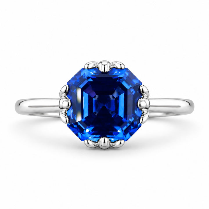 The Verena — Blue Asscher Sapphire with Leaf Prongs Ring in 14K white gold, front view