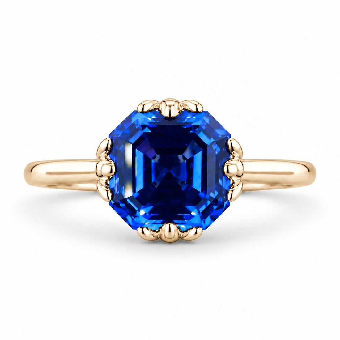 The Verena — Blue Asscher Sapphire with Leaf Prongs Ring in 14K yellow gold, front view