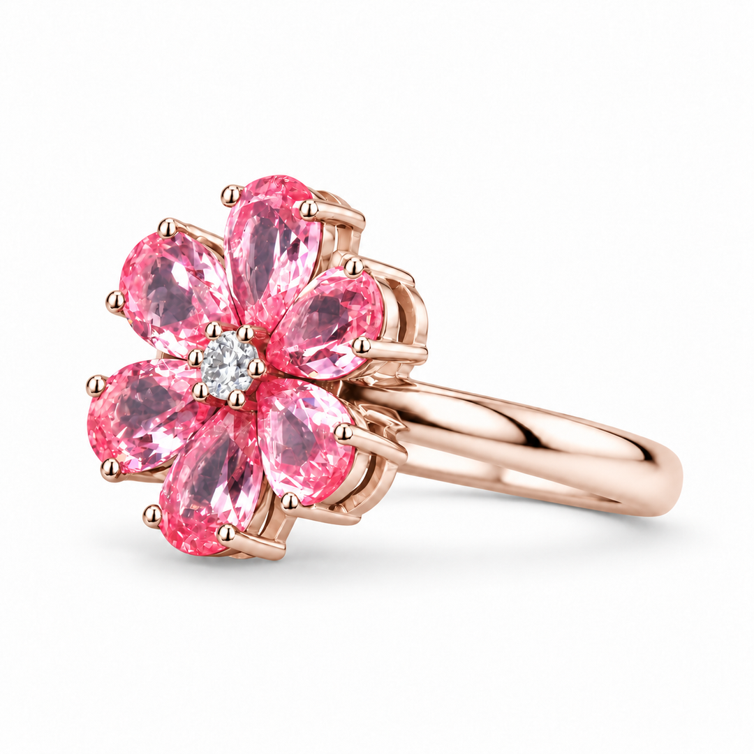 The Cherry Blossom pink sapphire flower ring in 14K rose gold, angled view