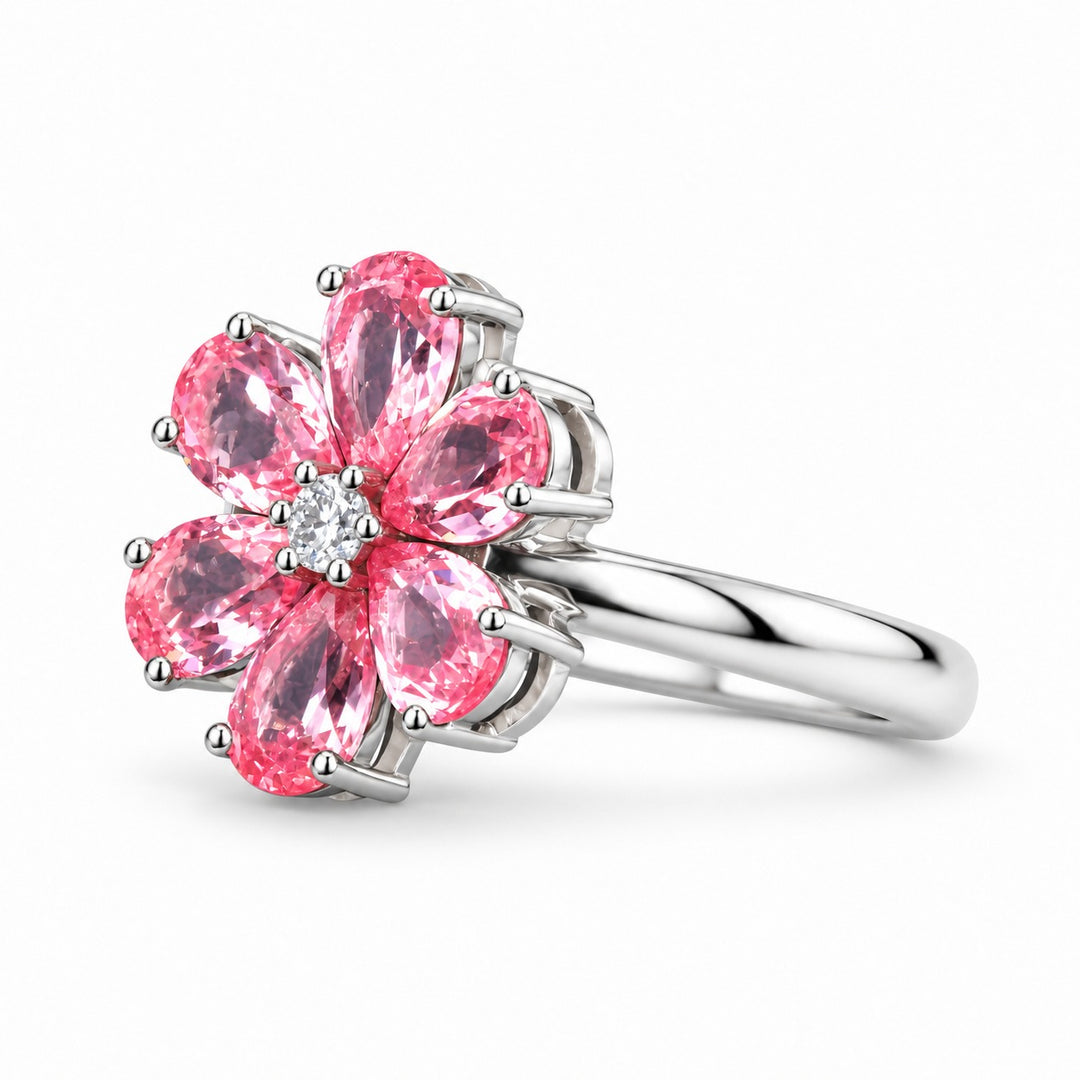 The Cherry Blossom pink sapphire flower ring in 14K white gold, angled view