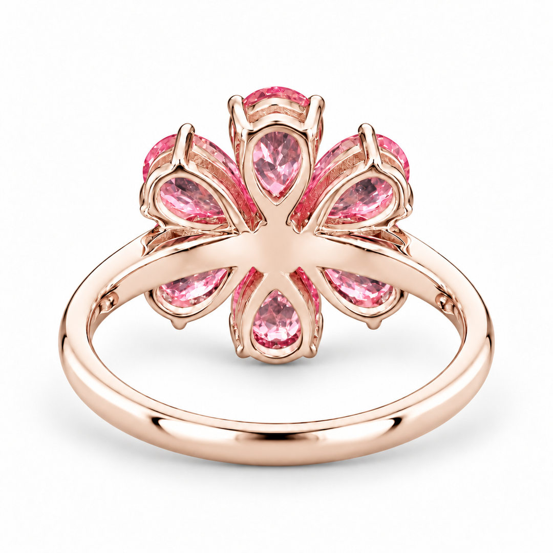 The Cherry Blossom pink sapphire flower ring in 14K rose gold, back view