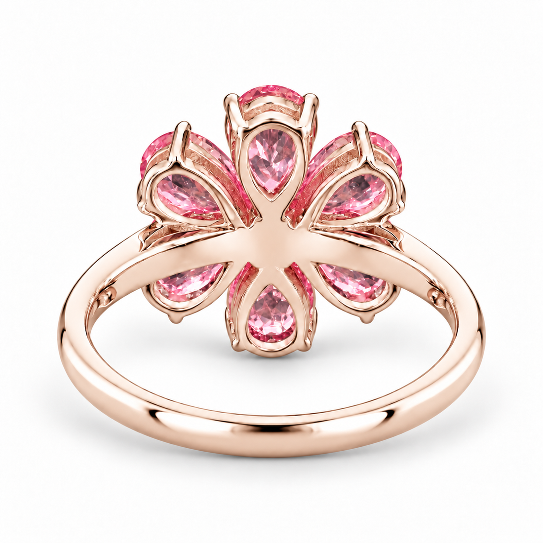 The Cherry Blossom pink sapphire flower ring in 14K rose gold, back view