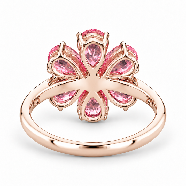 The Cherry Blossom pink sapphire flower ring in 14K rose gold, back view
