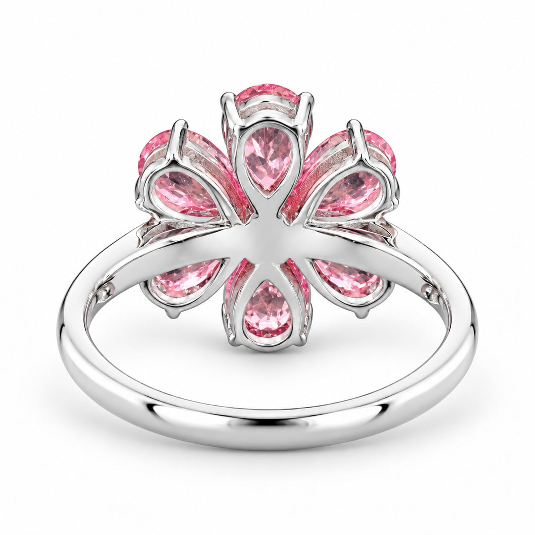 The Cherry Blossom pink sapphire flower ring in 14K white gold, back view