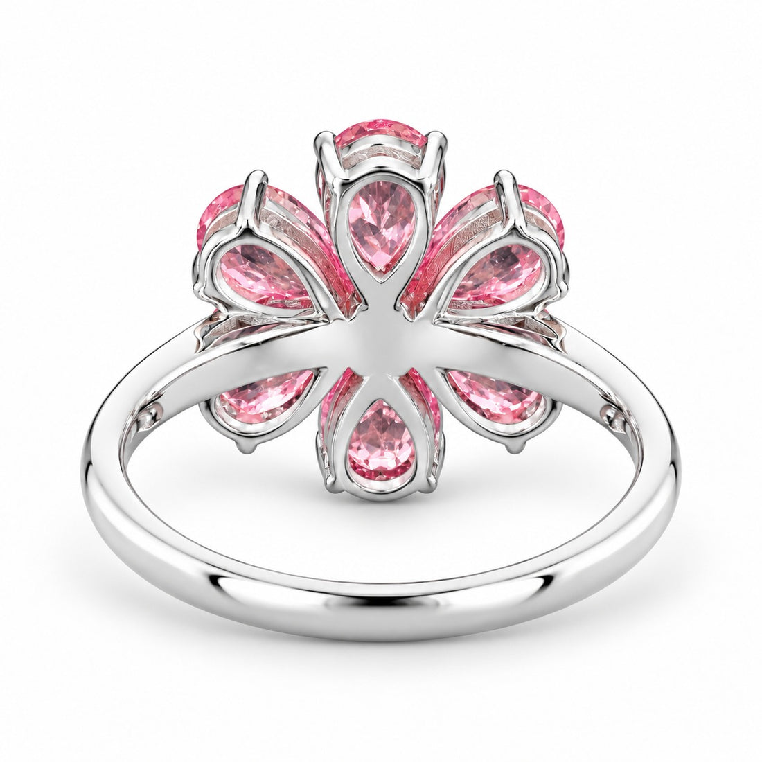 The Cherry Blossom pink sapphire flower ring in 14K white gold, back view
