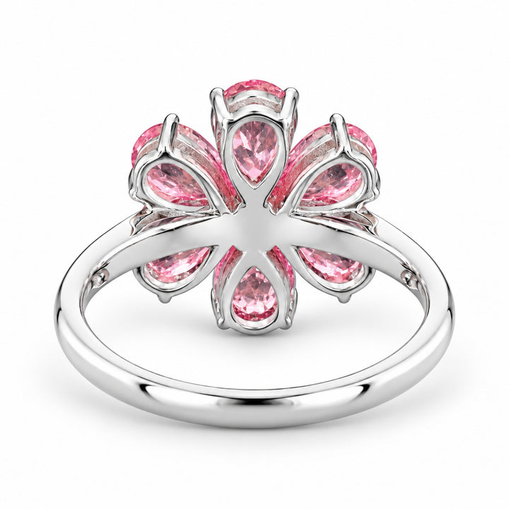The Cherry Blossom pink sapphire flower ring in 14K white gold, back view