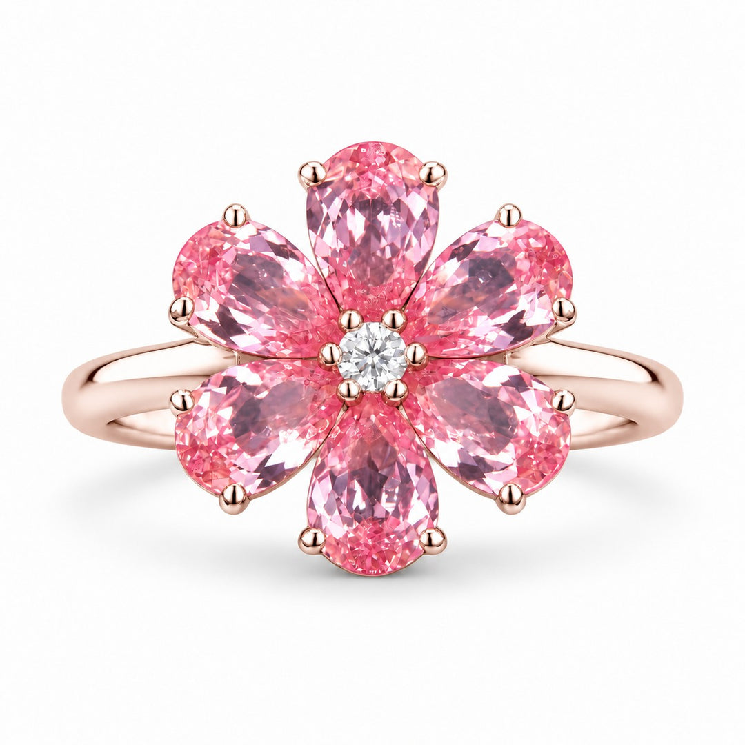 The Cherry Blossom — Six Petal Pink Sapphire Flower Ring in 14K rose gold, front view